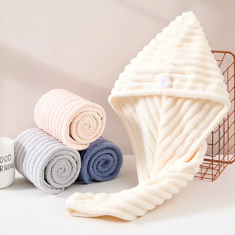 1Pcs Microfiber Quick-dry Hair Towel Cap with Button Super Absorption Bath Hat Fast Drying Hair Drying Wrap Hat Towel for Women