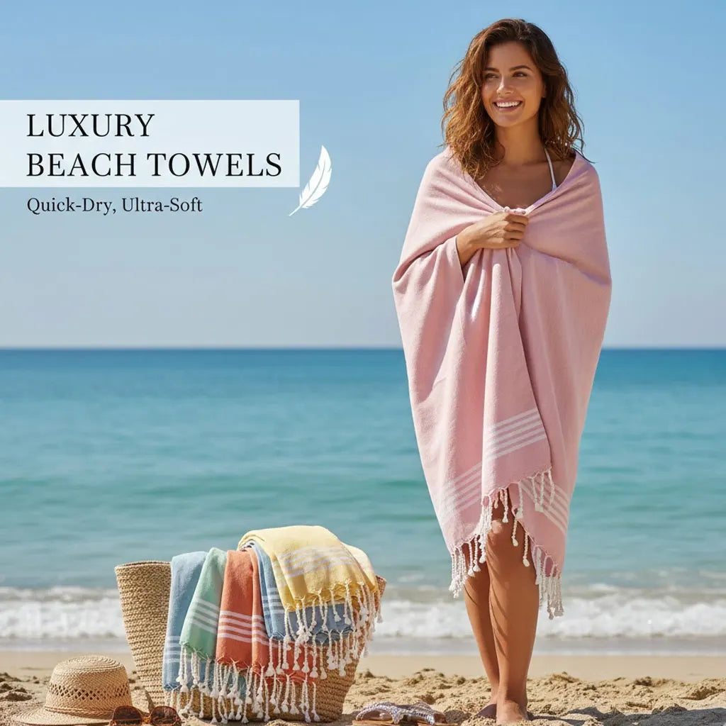 36x71" Turkish Beach Towel, Highly Absorbent Quick Dry Peshtemal, Sand Free Striped Hammam Towel for Adults & Travel
